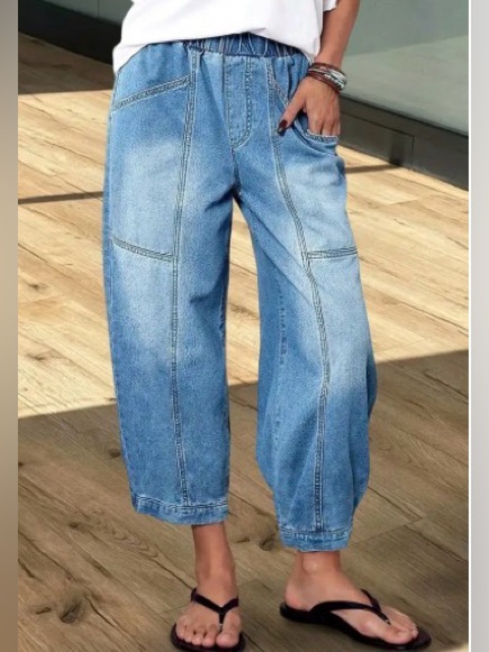 Flamingals Wash Seam Elastic Mid Rise Wide Leg Crop Barrel Jeans